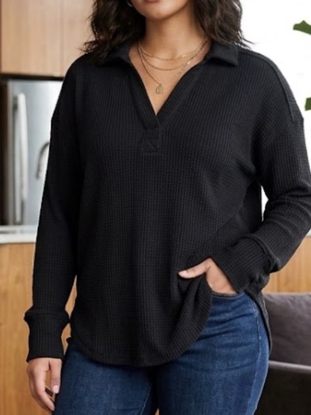 Black Waffle-Knit Collared Long-Sleeve Top - Black Size Medium